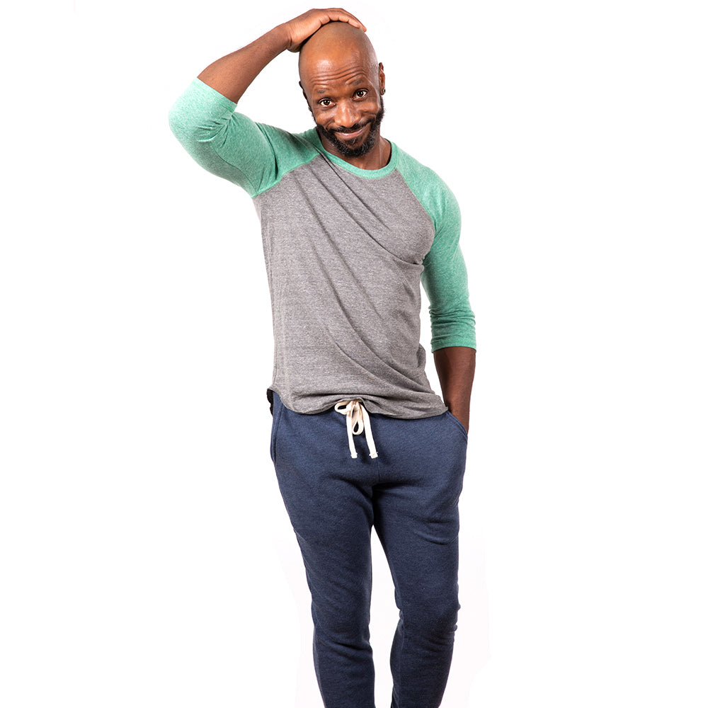 Green Heather &amp; Grey Heather 3/4 Raglan Sleeve Tri-Blend Baseball Tee