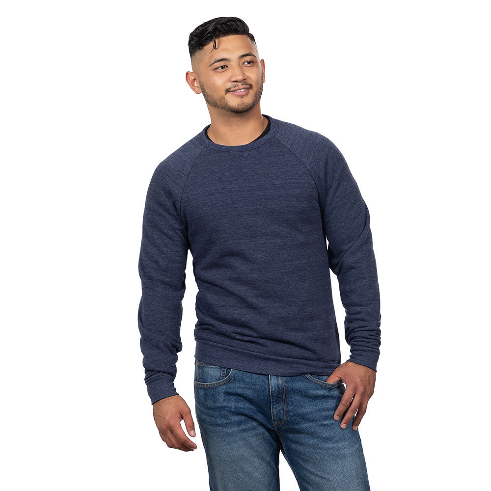 Navy Blue Marled Raglan Sleeve Crewneck Tri-Blend Fleece Sweatshirt - Made in USA