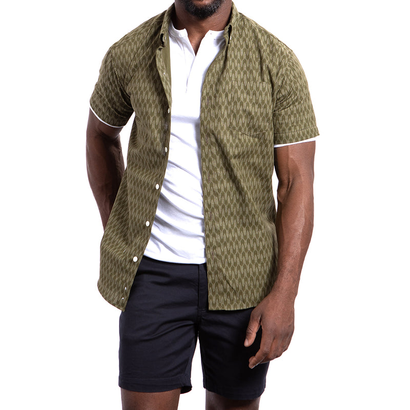 "ADAM" - Olive Japanese Abstract Snake Print Short Sleeve Shirt - Made In USA