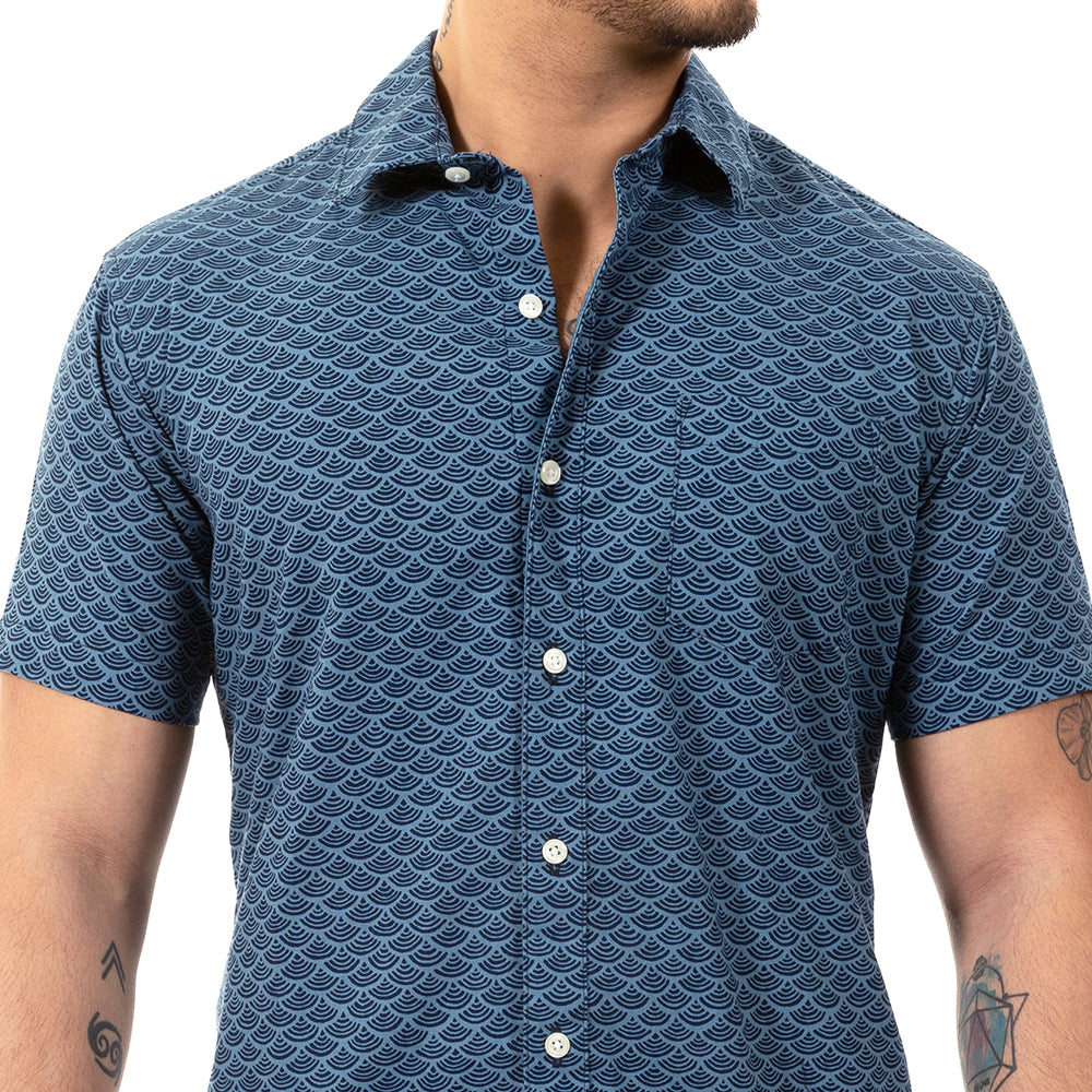 japanese dress shirts "NOLAN" - Tonal Blue Traditional Japanese Wave Print Short Sleeve Shirt