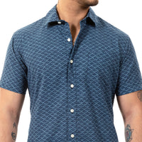 "NOLAN" - Tonal Blue Traditional Japanese Wave Print Short Sleeve Shirt - Made In USA