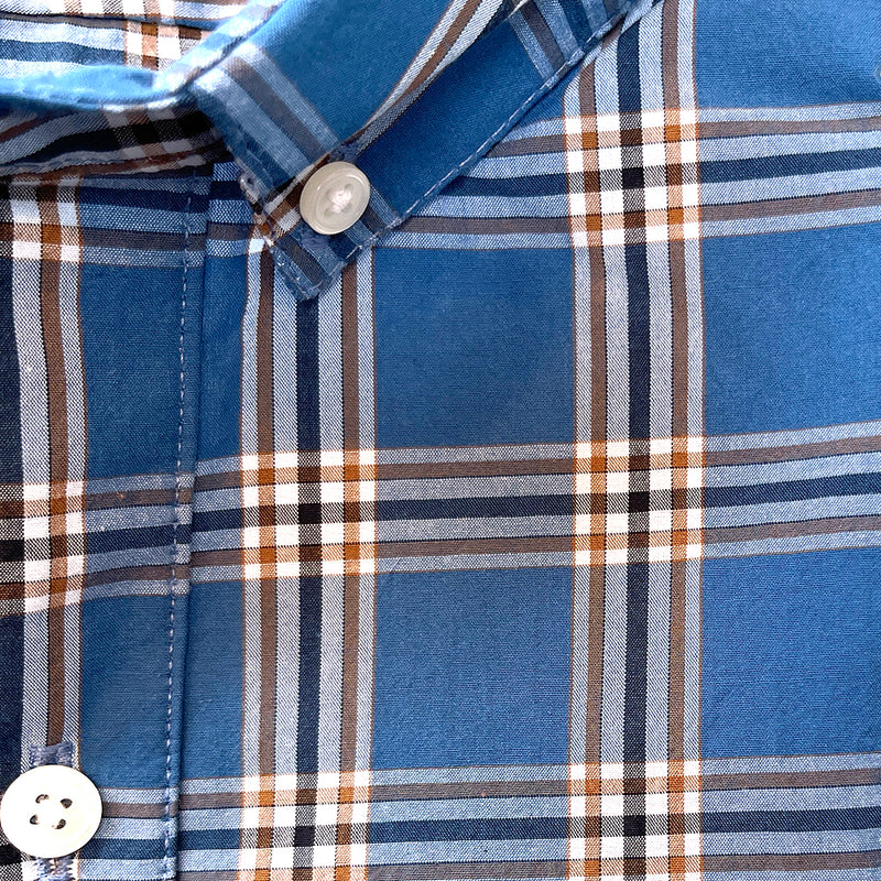 30% OFF AFTER CODE WOW25: "KINER" - Blue, White with Caramel Accent Plaid Cotton Poplin Shirt - Made In USA