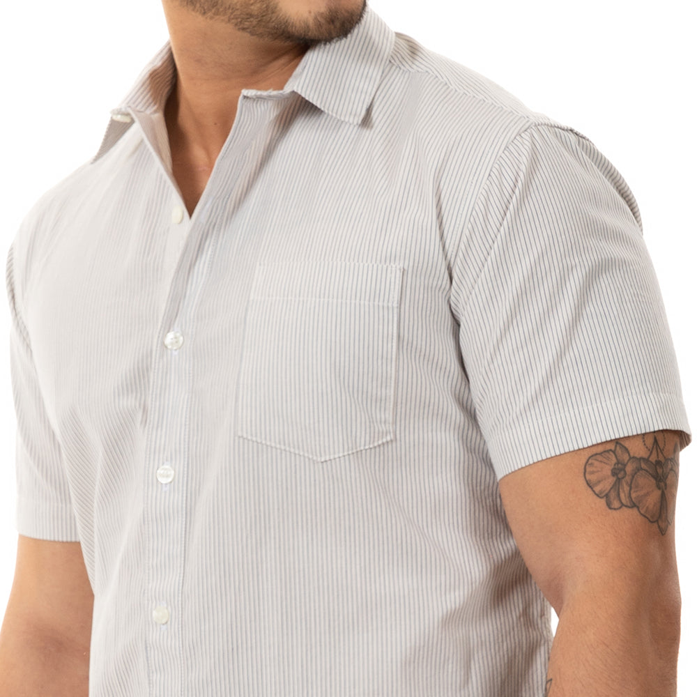 "FUZUKI" - Cream with Navy Japanese Pinstripe Short Sleeve Shirt - Made in USA