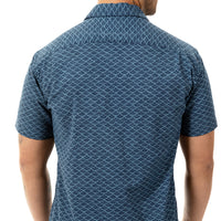 "NOLAN" - Tonal Blue Traditional Japanese Wave Print Short Sleeve Shirt - Made In USA