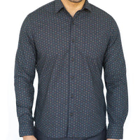 "CLARKSON" - Navy Blue Japanese Geometric Floral Print Shirt - Made In USA