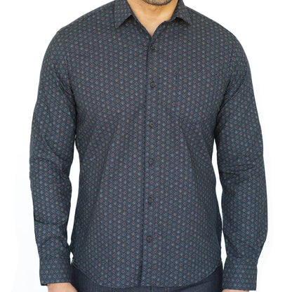 CLARKSON Long Sleeve Shirt in Navy Blue Geometric Floral