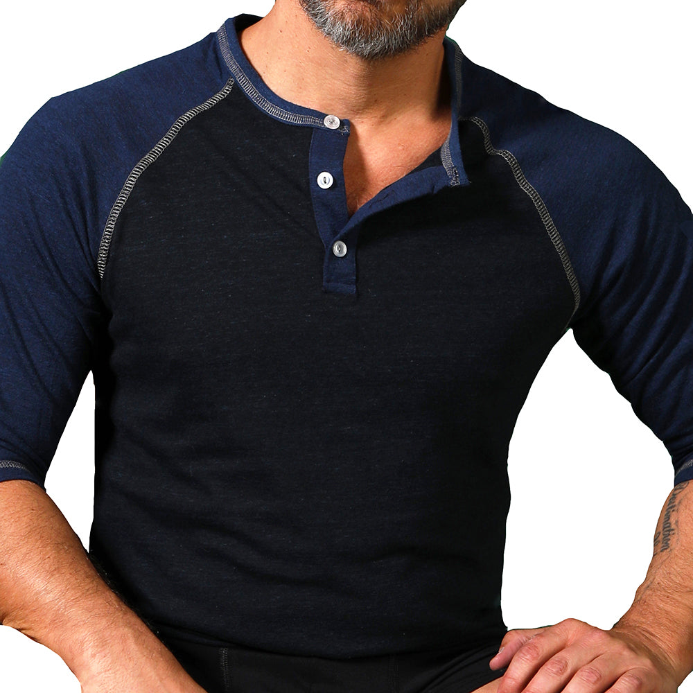 Royal Blue &  Navy Contrast 3/4 Raglan Sleeve Henley - Made In USA
