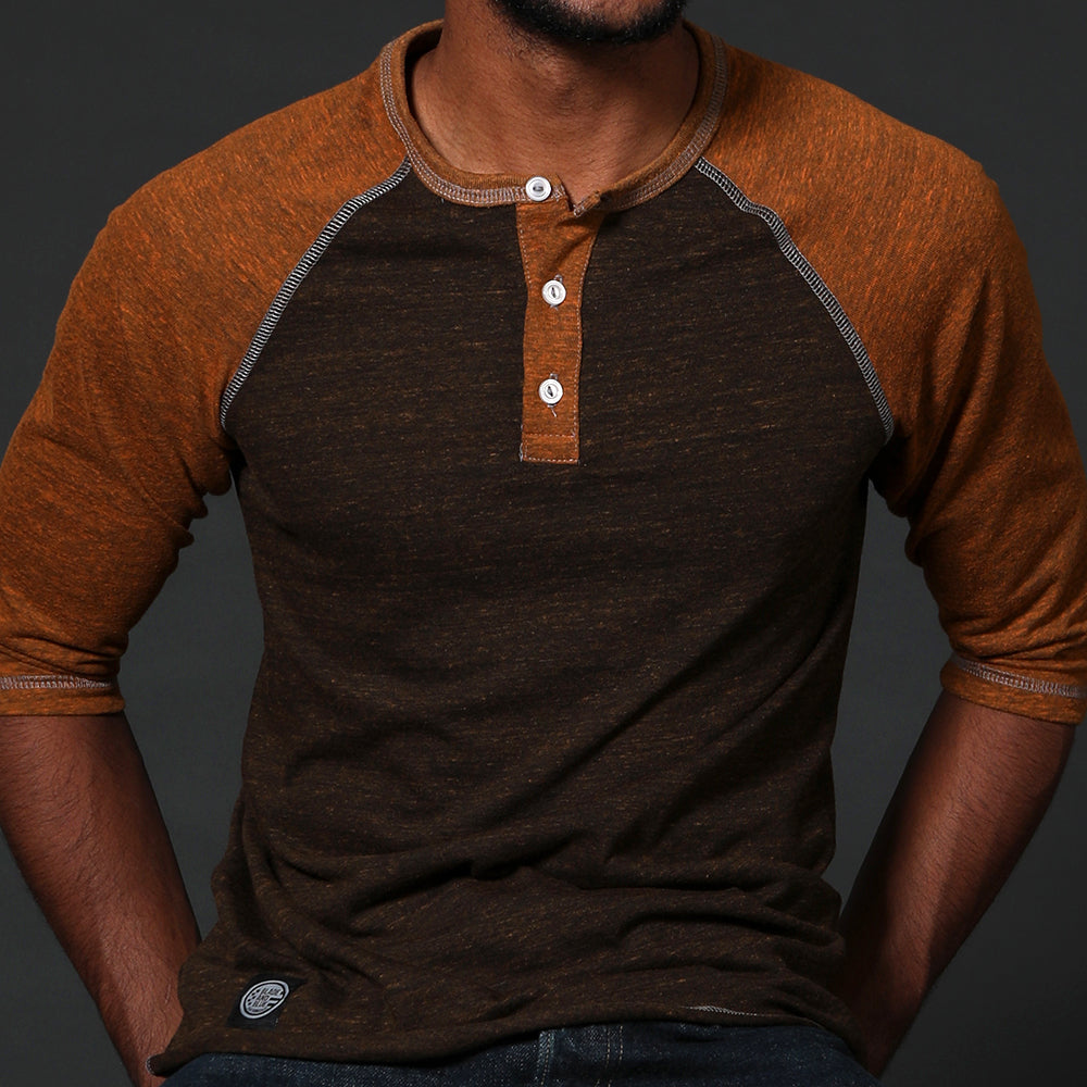 Camel &amp; Chocolate Contrast 3/4 Raglan Sleeve Henley (XL Available)