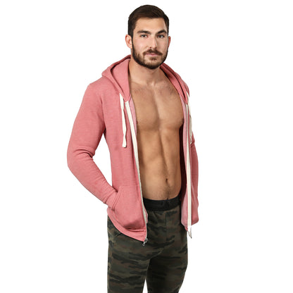 Dusty Rose Pink Full Zip Hooded Tri-Blend Fleece Sweatshirt - Made in USA