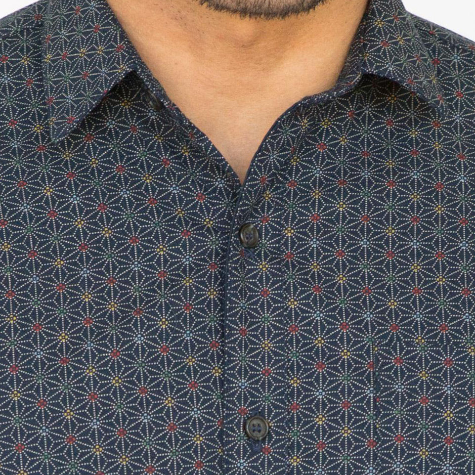 "CLARKSON" - Navy Blue Japanese Geometric Floral Print Shirt - Made In USA
