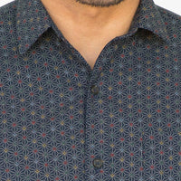 "CLARKSON" - Navy Blue Japanese Geometric Floral Print Shirt - Made In USA