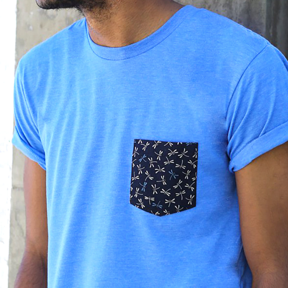 60% OFF AFTER CODE NEWFALL: Light Blue with Dragonflies Print Pocket Tee - Made In USA