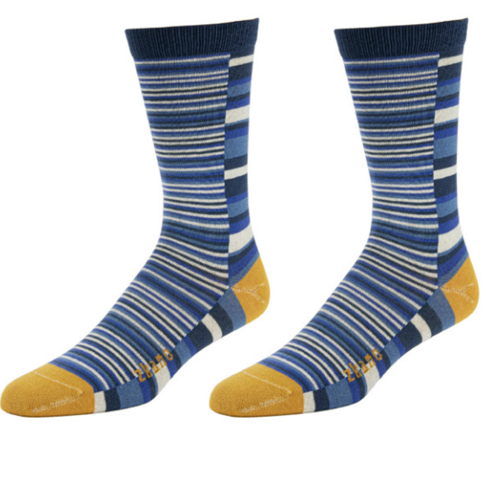 Navy Uneven Stripe Crew Sock - Made In USA by Zkano
