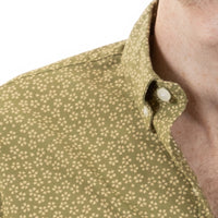 40% OFF AFTER CODE NEWFALL: "WALLY" - Avocado Green Traditional Japanese Mini Floral Print Short Sleeve Shirt - Made In USA