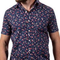 "JORDAN" - Blue & Red Cherry Print Short Sleeve Shirt - Made In USA