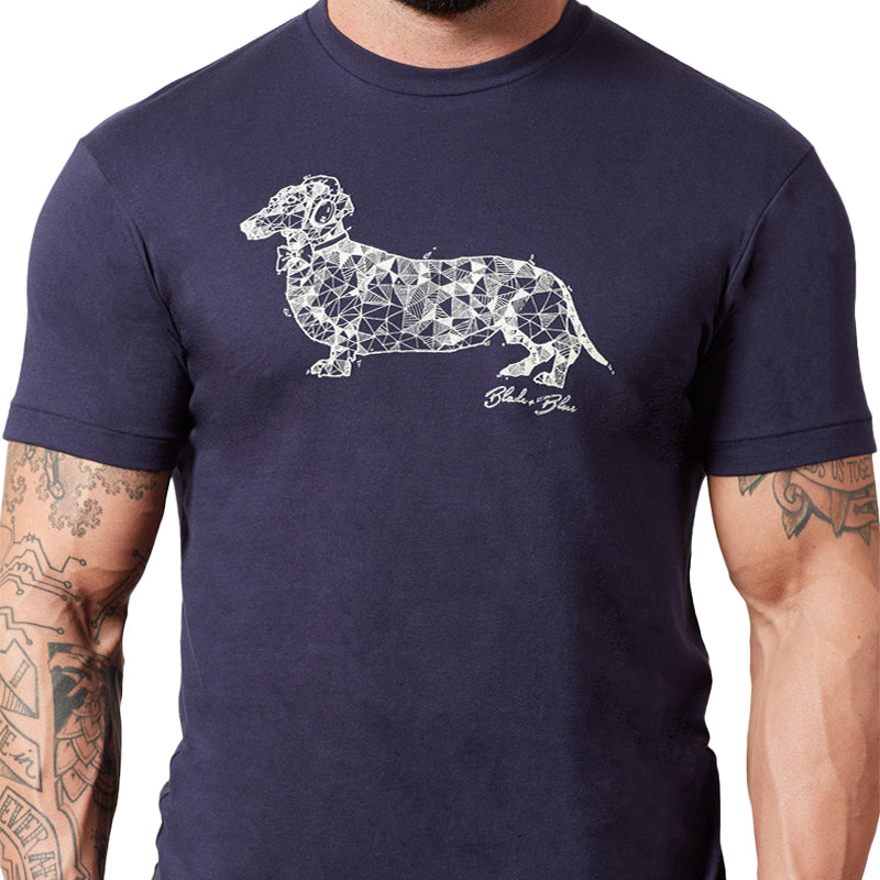 Navy Blue Illustrated Dachshund with Headphones Tee - Made In USA
