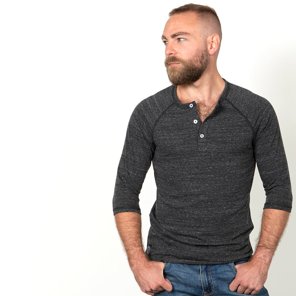 40% OFF AFTER CODE WOW25: Charcoal Grey Marled 3/4 Raglan Sleeve Henley - Made In USA