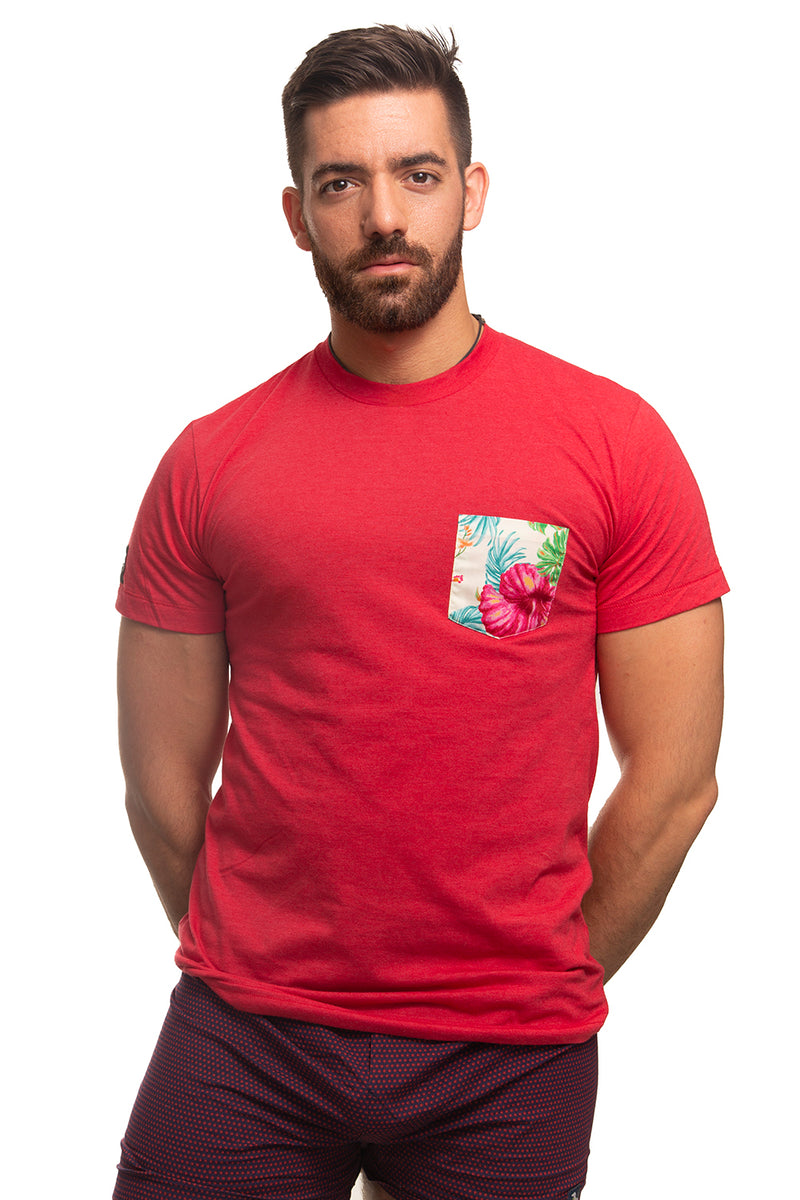 Red with Wild Floral Print Pocket Tee