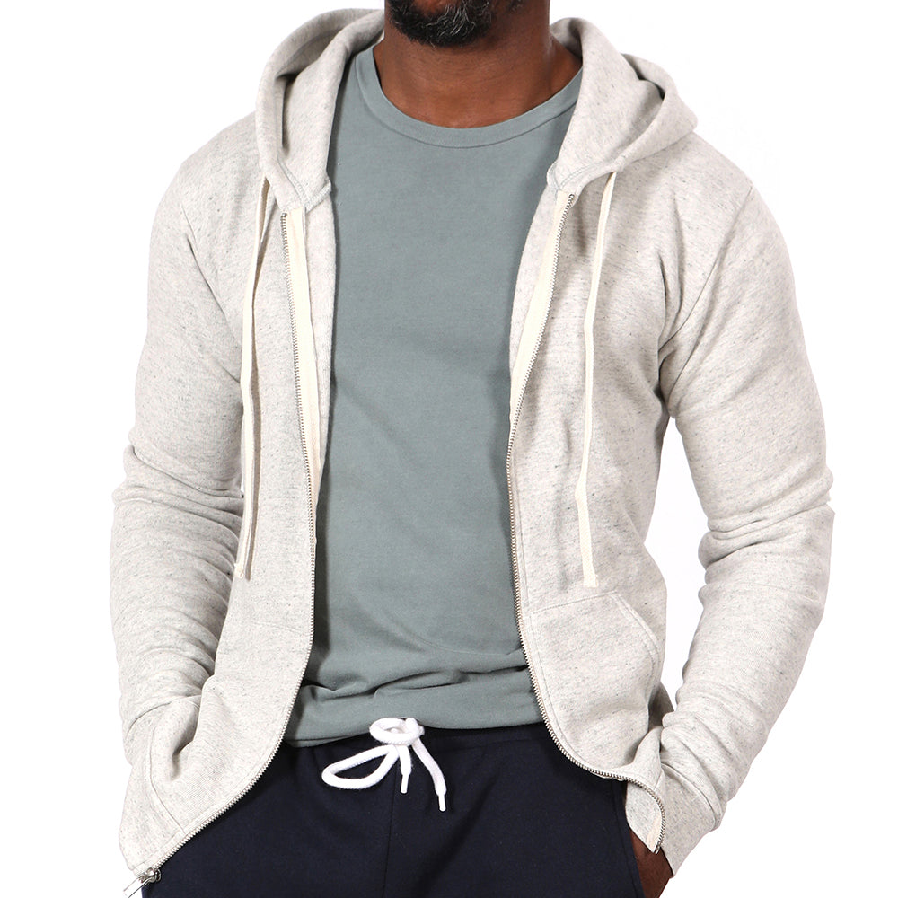 White Heather Salt & Pepper Full Zip Hooded Tri-Blend Fleece Sweatshirt - Made in USA