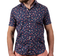 "JORDAN" - Blue & Red Cherry Print Short Sleeve Shirt - Made In USA