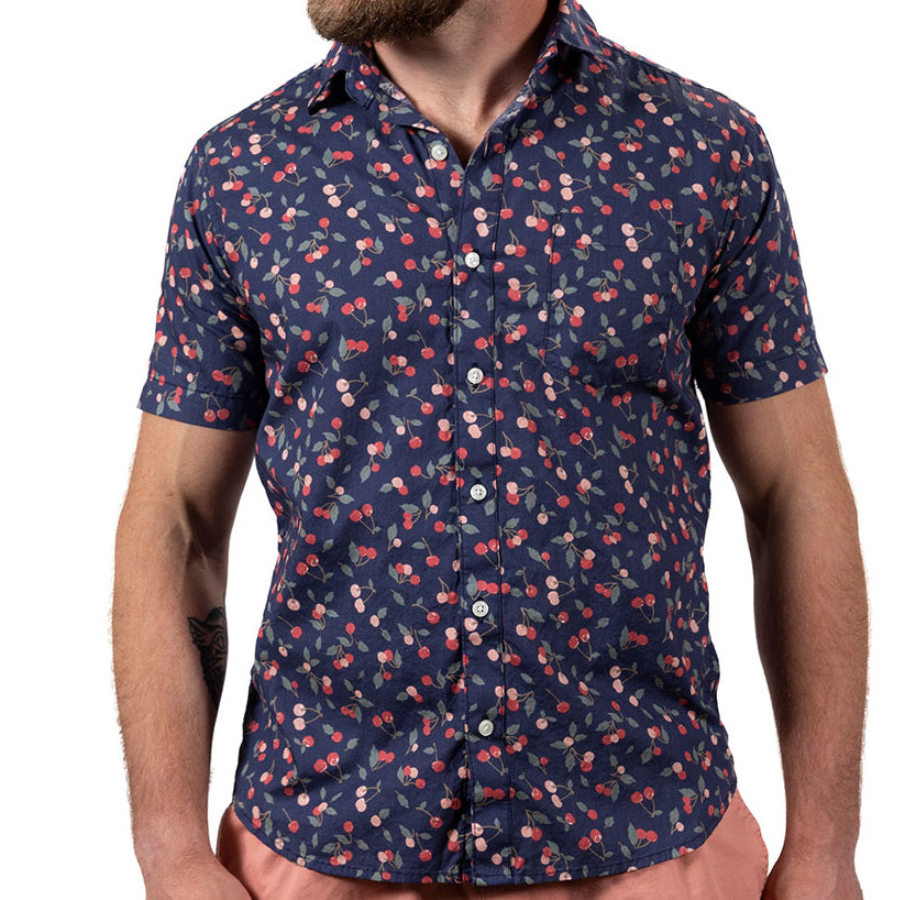 "JORDAN" - Blue & Red Cherry Print Short Sleeve Shirt - Made In USA