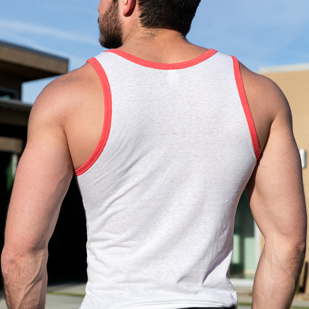 White &amp; Red Tri-Blend Varsity Tank Top - Made In USA