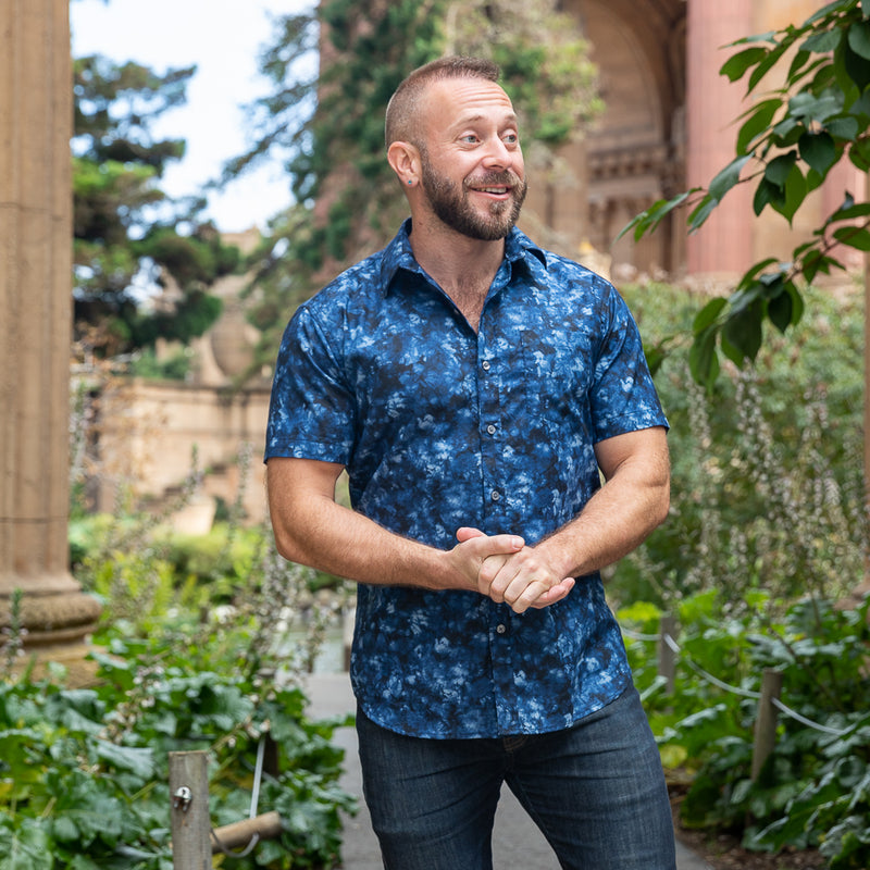 "SMOKEY" - Indigo Blue Marbled Print Short Sleeve Shirt - Made In USA
