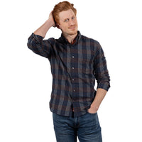 "SYLVESTER" - Navy Blue & Mocha Plaid Brushed Cotton Shirt - Made In USA