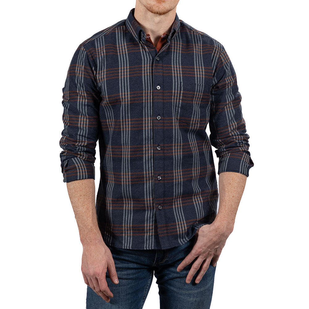 "SYLVESTER" - Navy Blue & Mocha Plaid Brushed Cotton Shirt - Made In USA