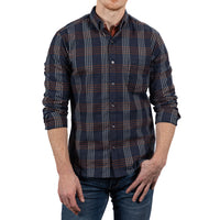 "SYLVESTER" - Navy Blue & Mocha Plaid Brushed Cotton Shirt - Made In USA
