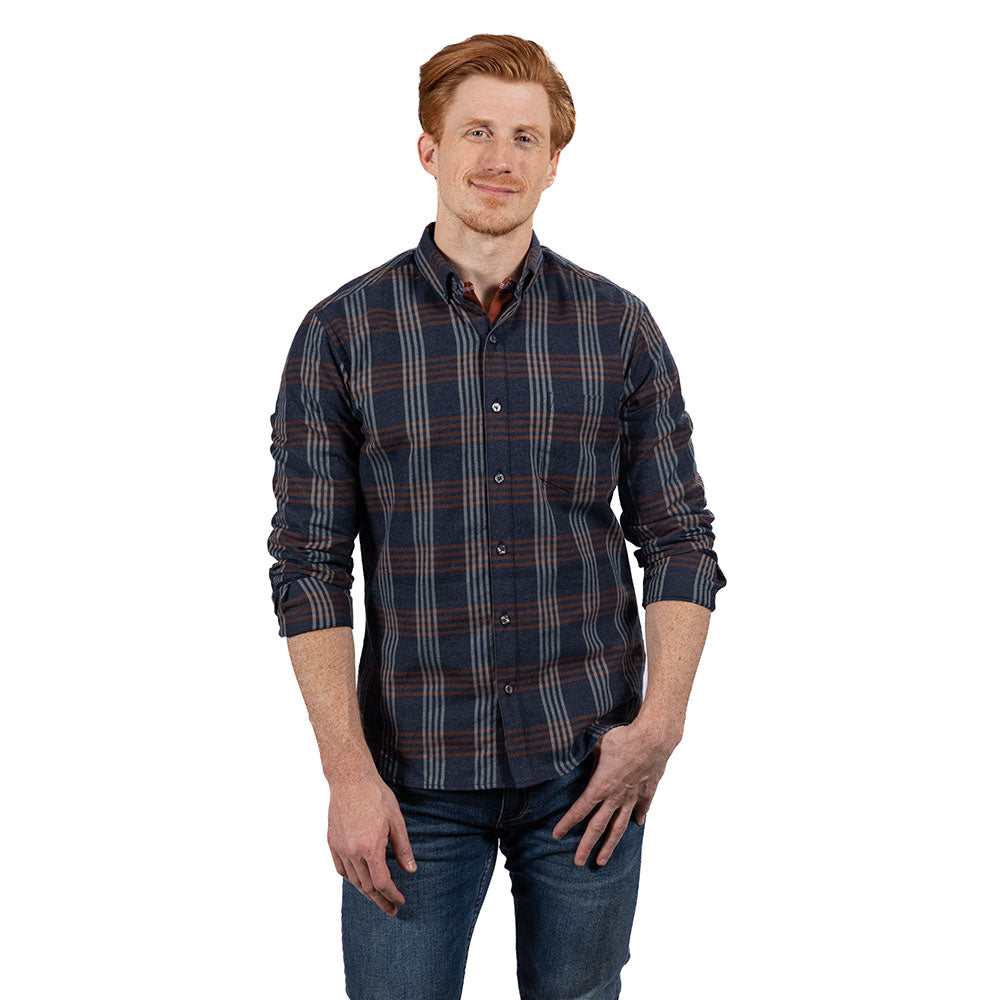 "SYLVESTER" - Navy Blue & Mocha Plaid Brushed Cotton Shirt - Made In USA