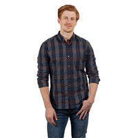 "SYLVESTER" - Navy Blue & Mocha Plaid Brushed Cotton Shirt - Made In USA