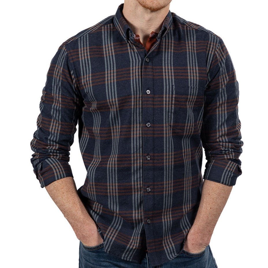 "SYLVESTER" - Navy Blue & Mocha Plaid Brushed Cotton Shirt - Made In USA