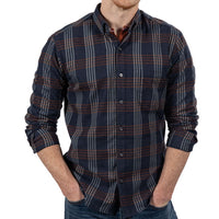 "SYLVESTER" - Navy Blue & Mocha Plaid Brushed Cotton Shirt - Made In USA