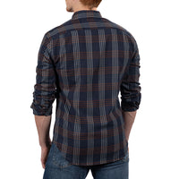 "SYLVESTER" - Navy Blue & Mocha Plaid Brushed Cotton Shirt - Made In USA