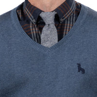 Blue-Grey Heather Fine Gauge Cotton V-Neck Sweater