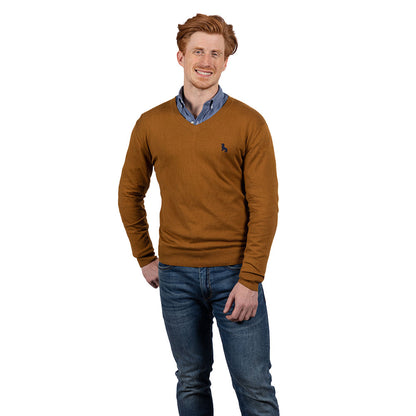 Camel Fine Gauge Cotton V-Neck Sweater