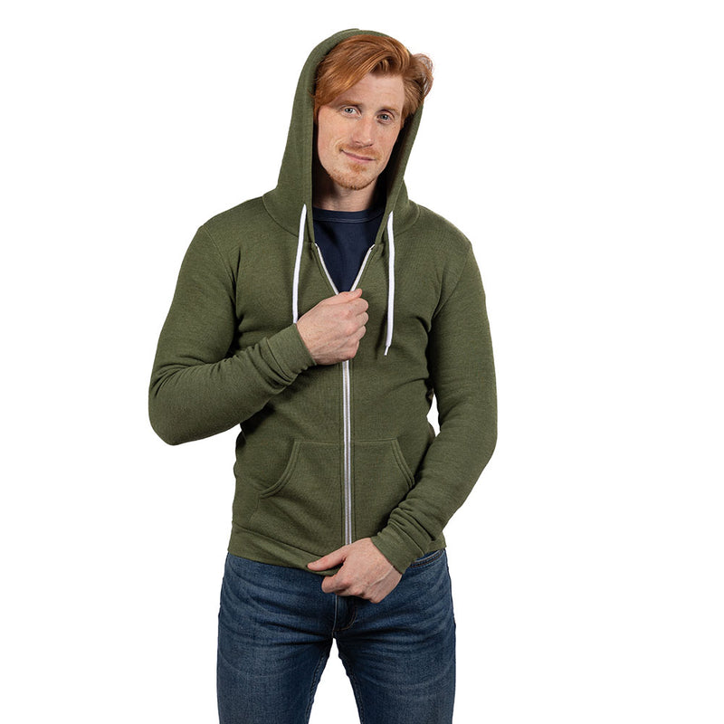 Army Green Heather Full Zip Hooded Fleece Sweatshirt - Made in USA