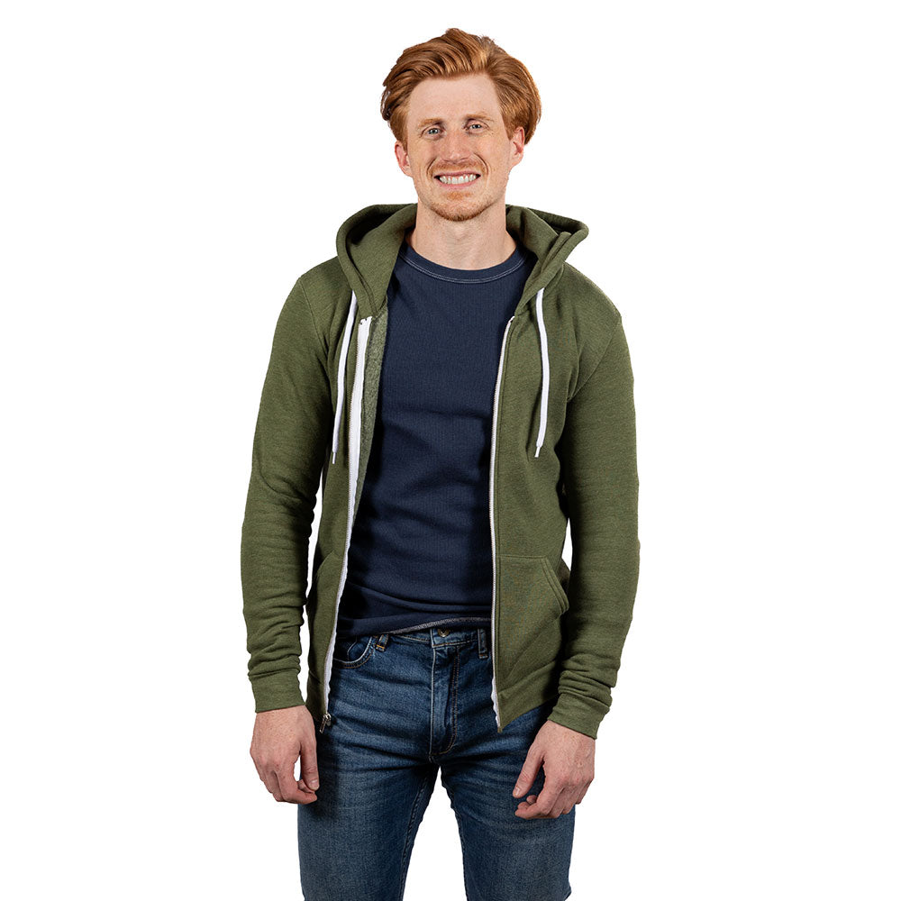 Army Green Heather Full Zip Hooded Fleece Sweatshirt - Made in USA