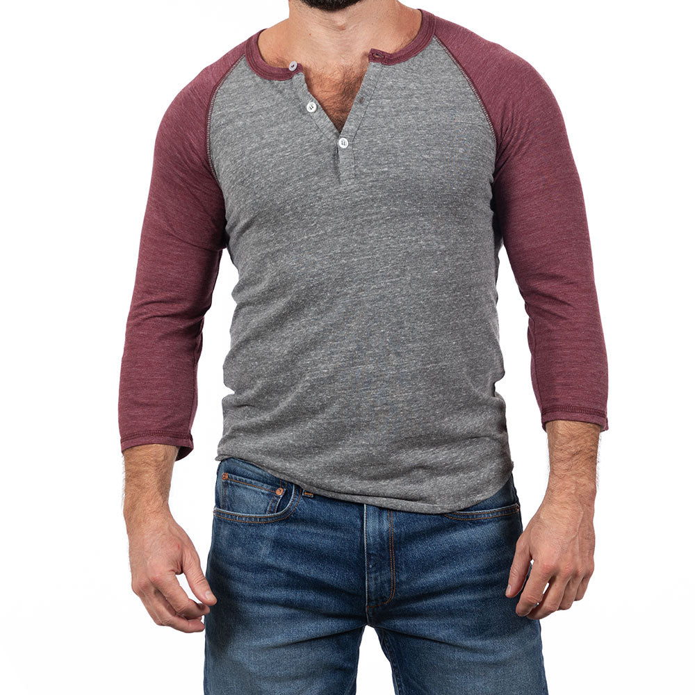 Burgundy & Heather Grey Contrast 3/4 Raglan Sleeve Tri-Blend Henley - Made  In USA