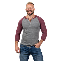 75% OFF AFTER CODE:WOW25 Burgundy & Heather Grey Contrast 3/4 Raglan Sleeve Tri-Blend Henley - Made In USA