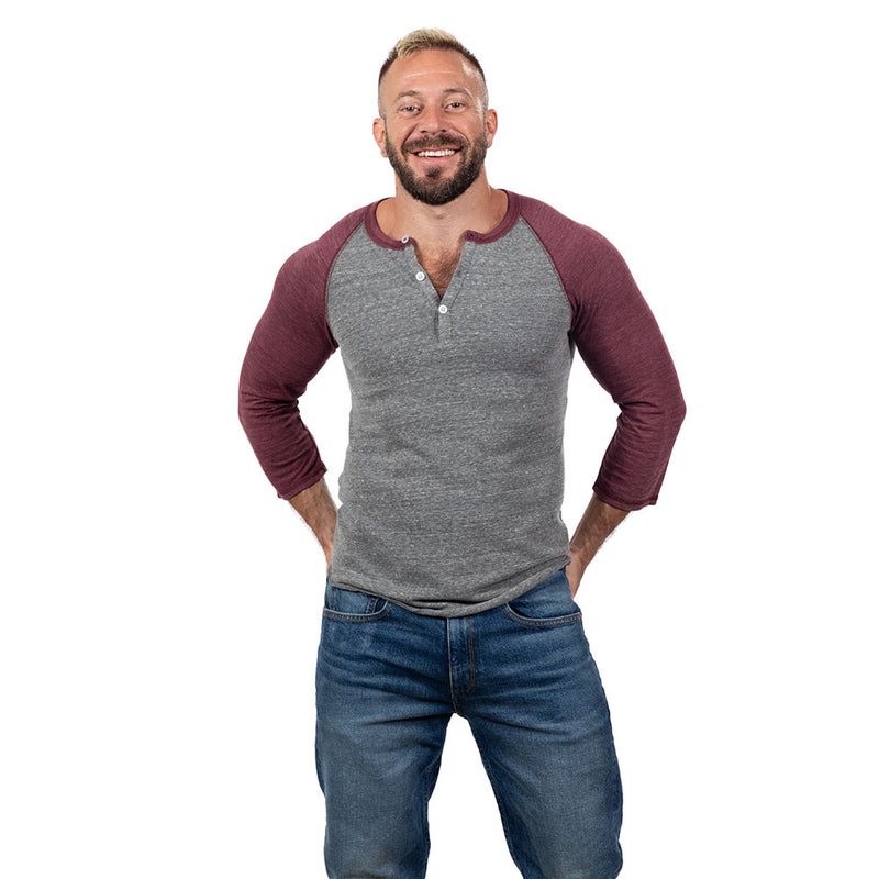 75% OFF AFTER CODE:WOW25 Burgundy & Heather Grey Contrast 3/4 Raglan Sleeve Tri-Blend Henley - Made In USA