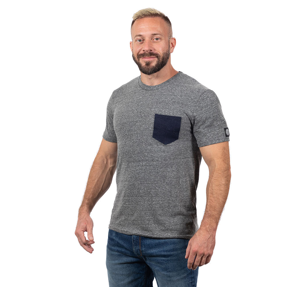 70% OFF AFTER CODE NEWFALL: Grey Heather Tri-Blend with Denim Pocket Tee - Made In USA