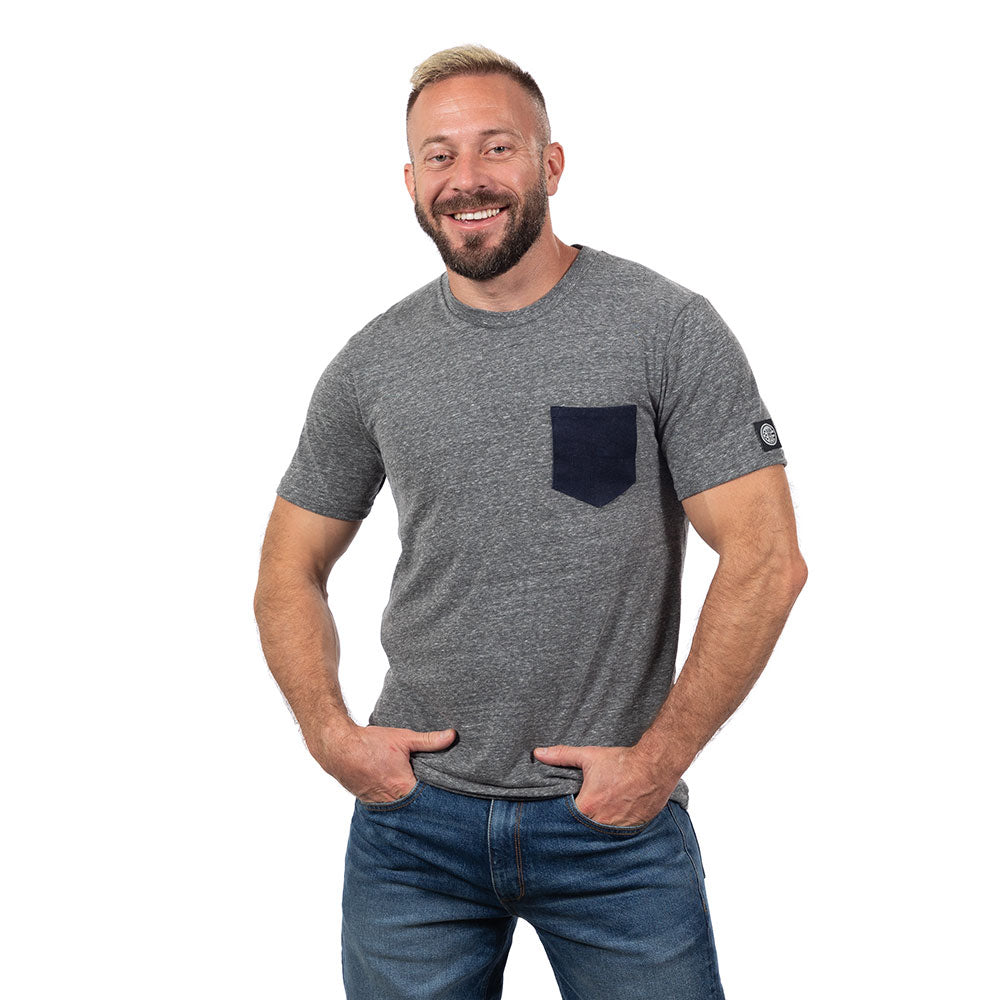 50% OFF AFTER CODE NEWFALL: Grey Heather Tri-Blend with Denim Pocket Tee - Made In USA