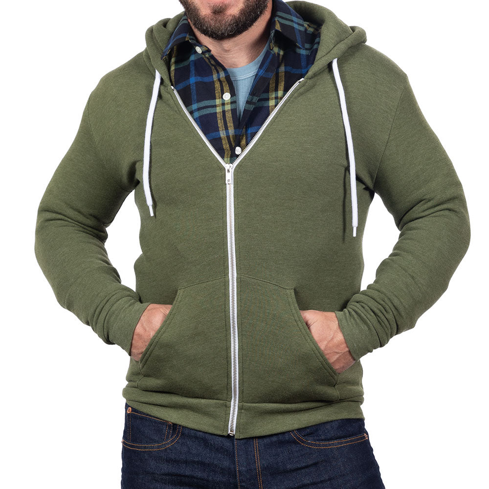Army Green Heather Full Zip Hooded Fleece Sweatshirt - Made in USA