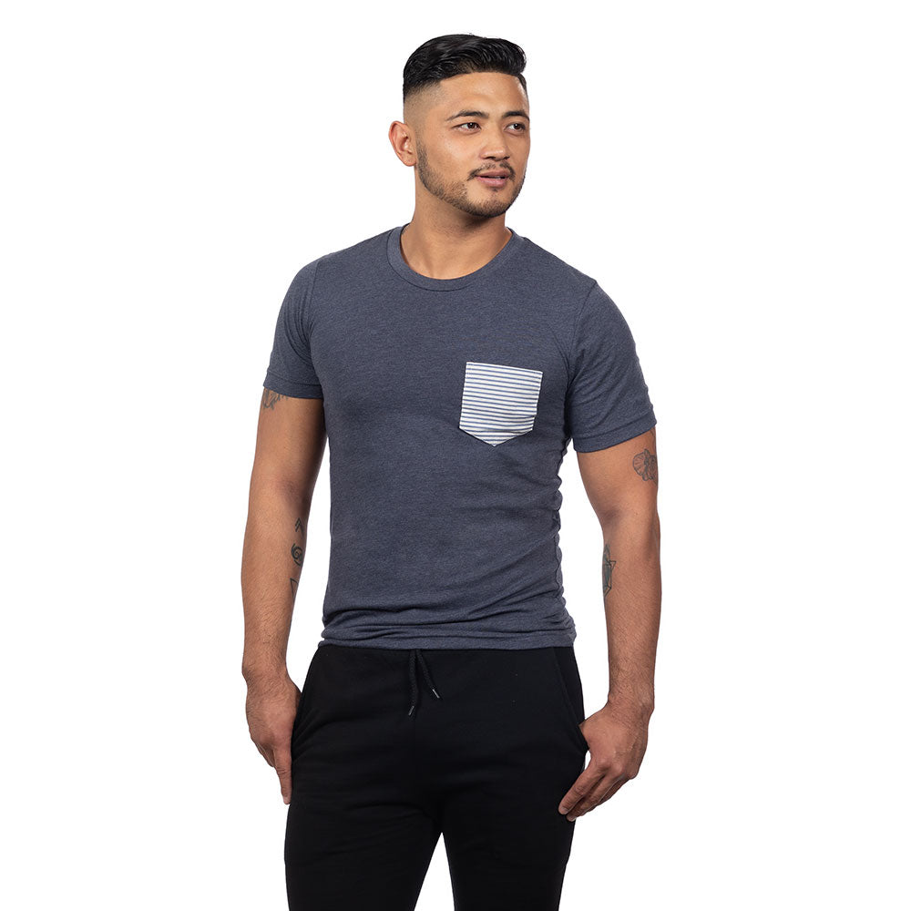 Blue Heather with Navy & Cream Stripe Pocket Tee - Made In USA