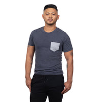 Blue Heather with Navy & Cream Stripe Pocket Tee - Made In USA