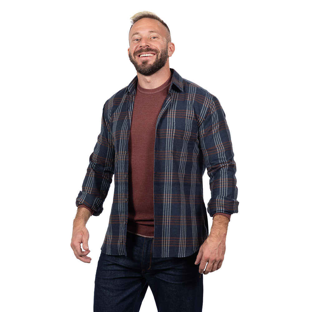 "SYLVESTER" - Navy Blue & Mocha Plaid Brushed Cotton Shirt - Made In USA