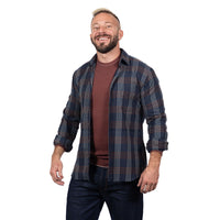 "SYLVESTER" - Navy Blue & Mocha Plaid Brushed Cotton Shirt - Made In USA