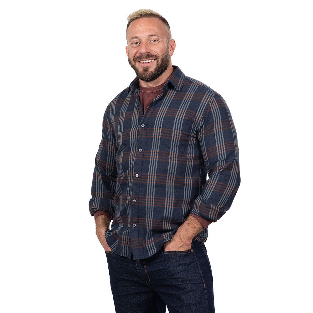 "SYLVESTER" - Navy Blue & Mocha Plaid Brushed Cotton Shirt - Made In USA
